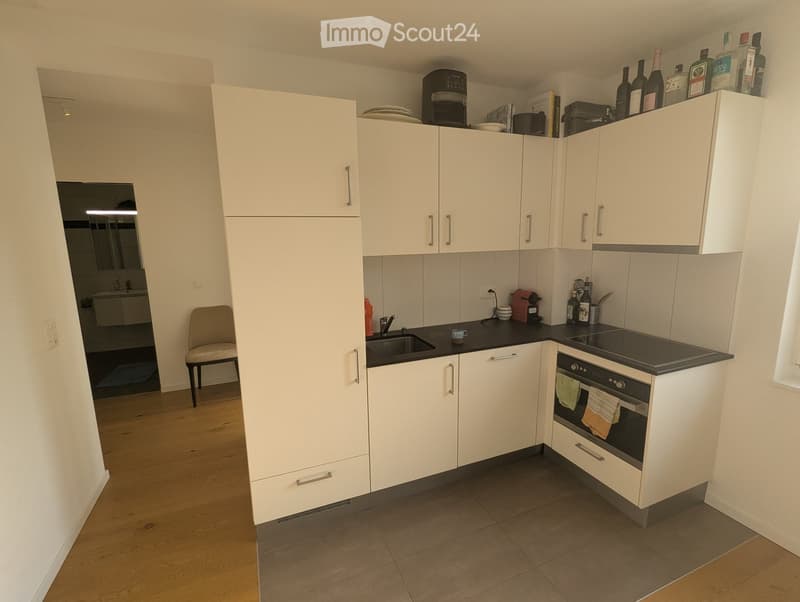 modern kitchen with white cabinets, black countertops, stainless steel appliances, wooden floor