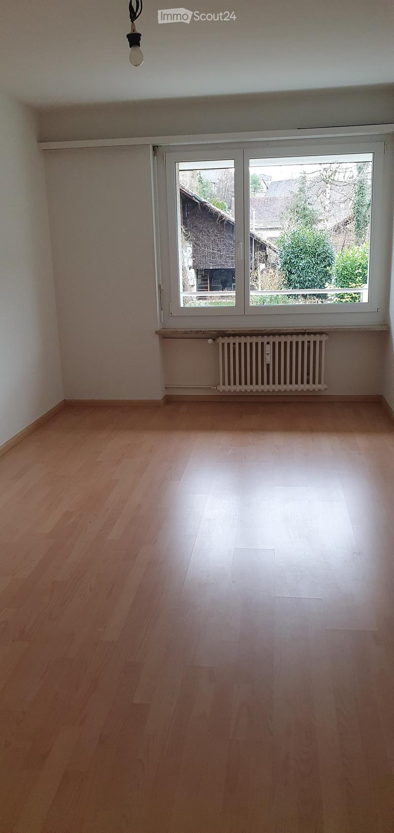 empty room, wooden floor, white walls, large window, white radiator