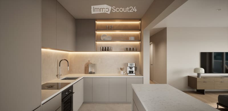 modern kitchen, granite countertops, stainless steel appliances, under-cabinet lighting, open shelving, marble backsplash, gas stove, dishwasher, washing machine