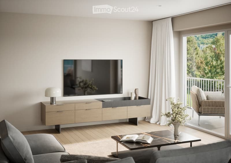 modern living room with a large flat screen TV, wooden entertainment center, couch, coffee table, and a balcony with a view