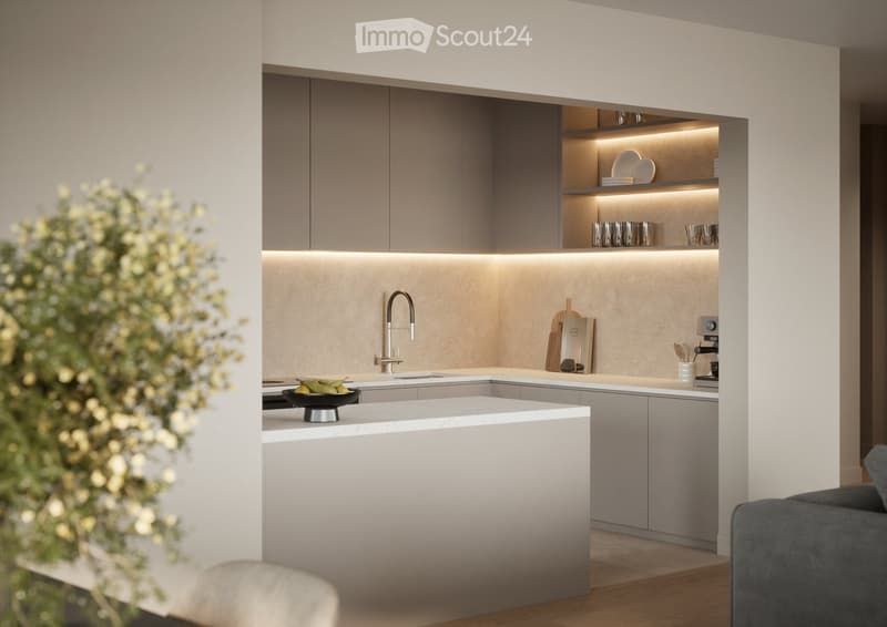 modern kitchen with white countertops, gray cabinets, under-cabinet lighting, stainless steel faucet, bowl of fruit, shelves with plates and cups, coffee machine, chopping board, and utensils