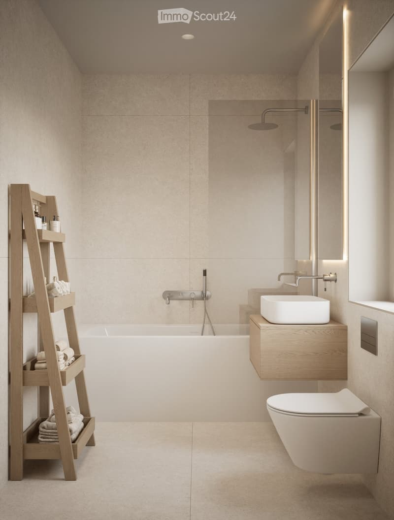 modern bathroom with bathtub, shower, sink, toilet, wooden ladder, beige tiles