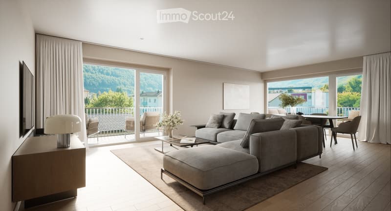 modern living room with large windows, gray sofa, coffee table, TV, balcony with railings, wooden floor, dining table, chairs, white curtains