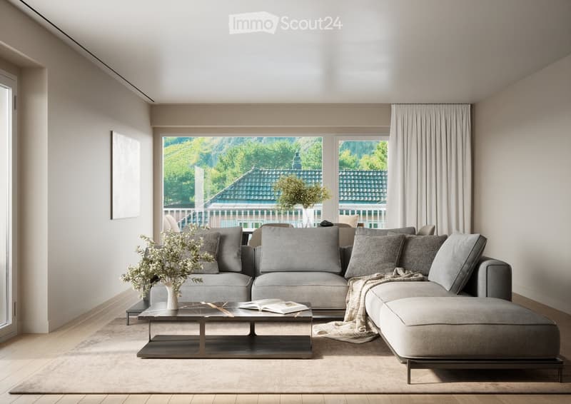 modern living room with large windows, gray sofa, coffee table, plants, beige carpet