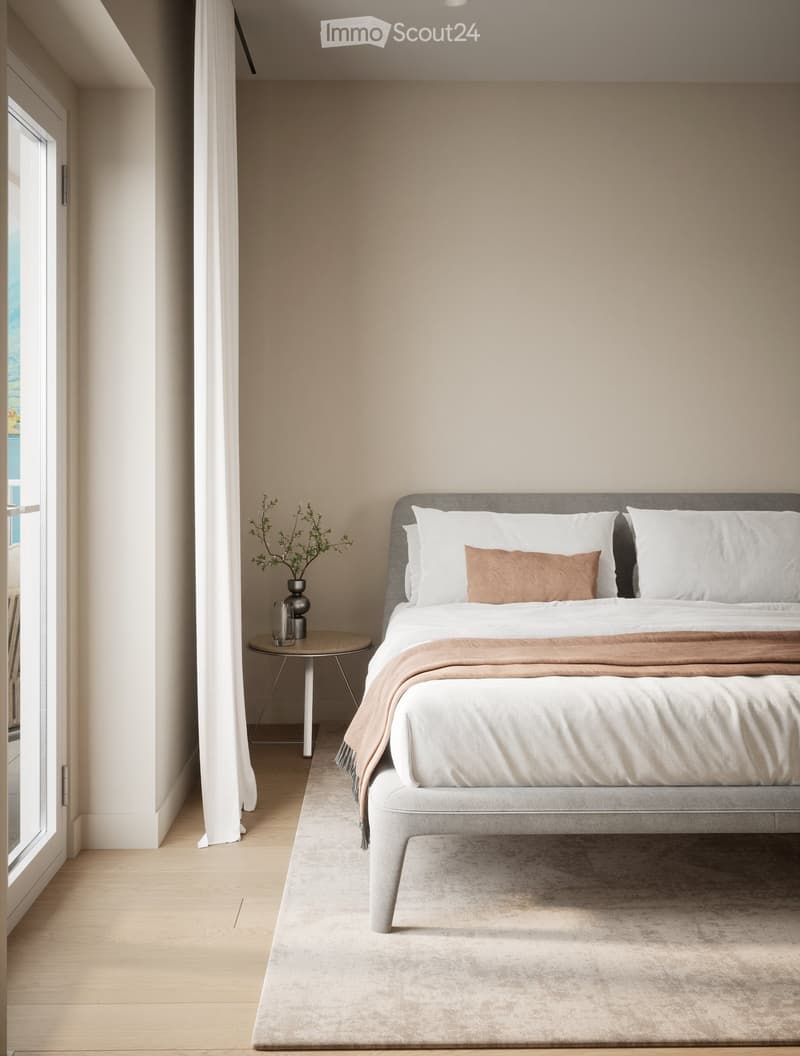 modern bedroom with a bed, nightstand, and a window with a view