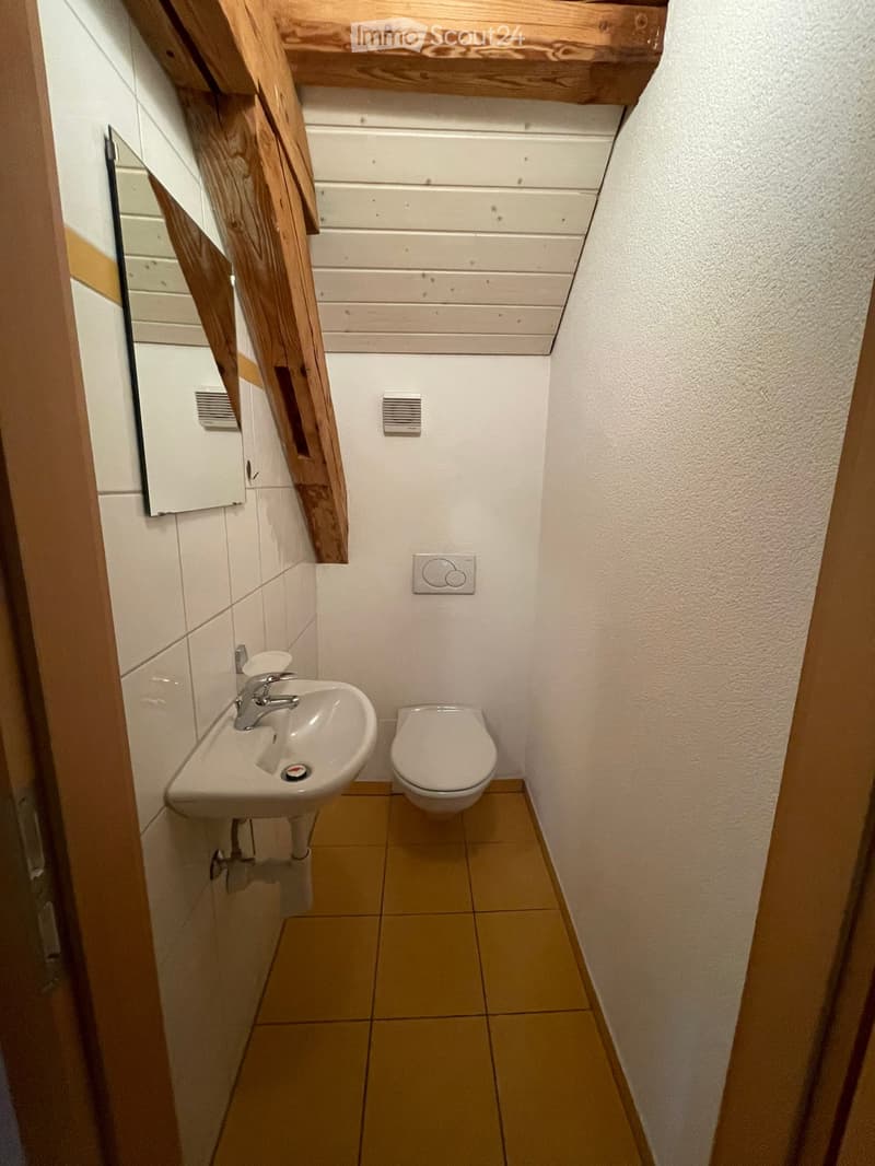 Small bathroom with white sink, white toilet, mirror, and wooden ceiling