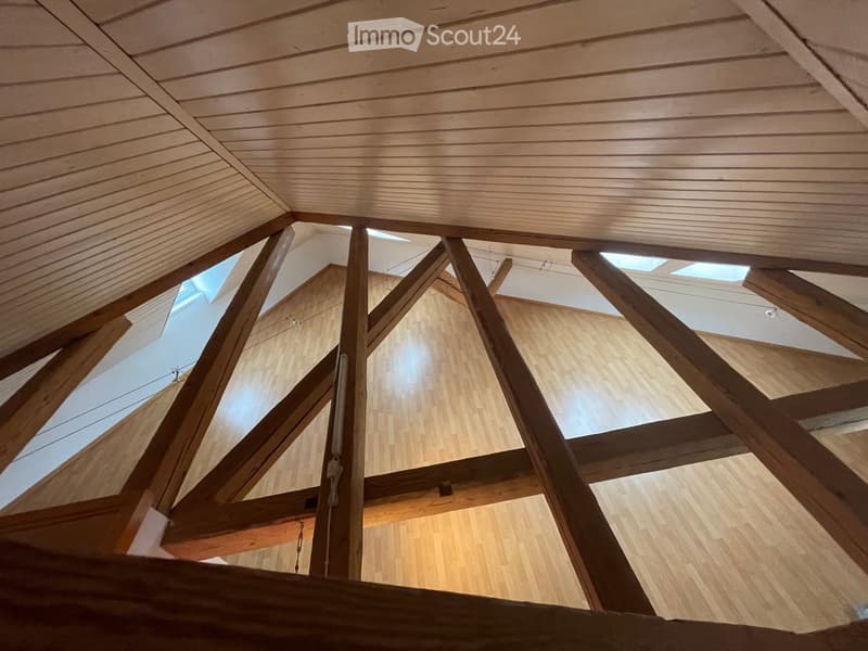 wooden ceiling, wooden floor, triangular wooden beams, skylights