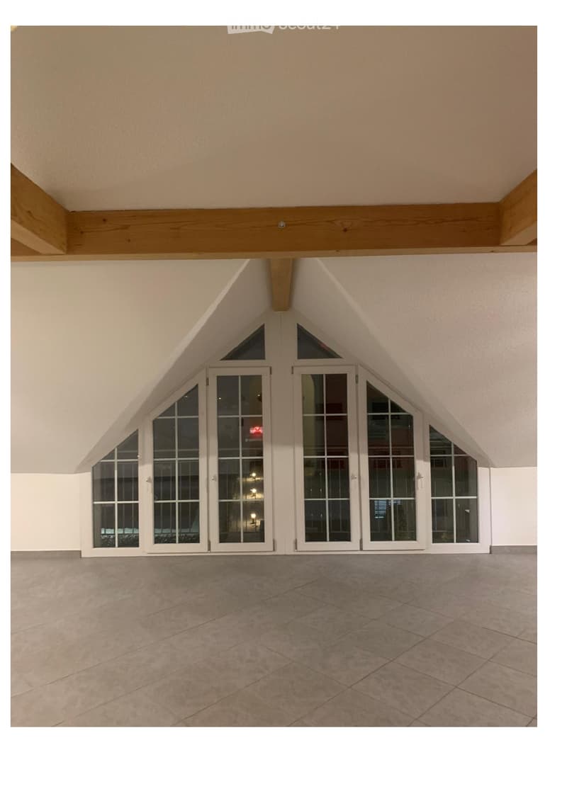 white ceiling, grey floor, tall French doors, triangular windows