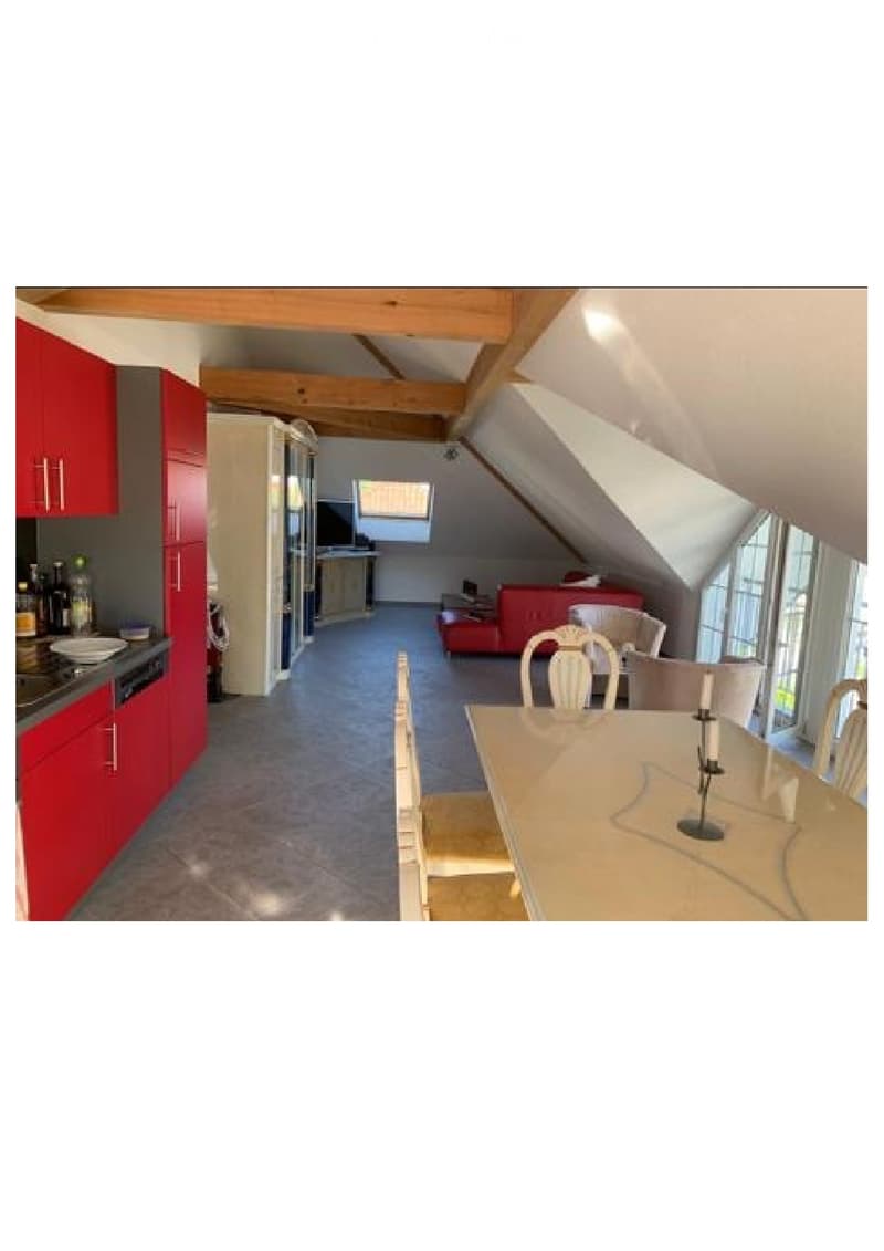 kitchen, dining room, sofa, chairs, tables, wooden beams, wooden floor, glass windows, cabinets, washing machine, wine bottles