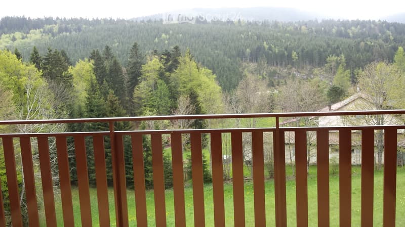 balcony with brown railings, green grass, trees, mountains in the background