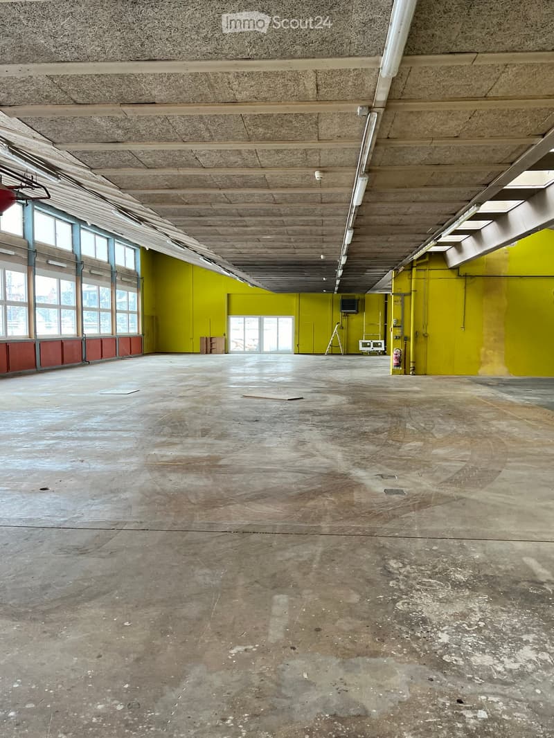 Empty room, concrete floor, yellow walls, large windows, ceiling lights, fire extinguisher