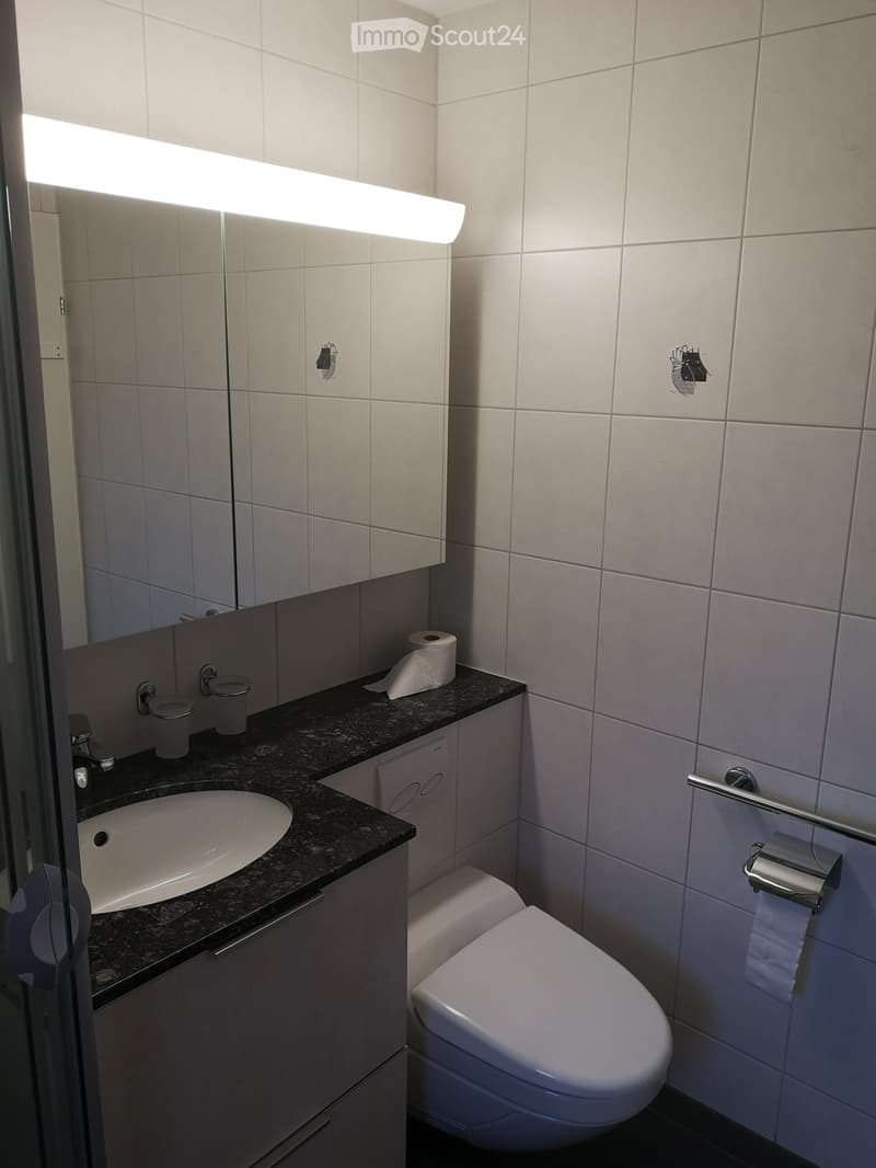 Bathroom with white tiles, sink, toilet, mirror, and a roll of toilet paper