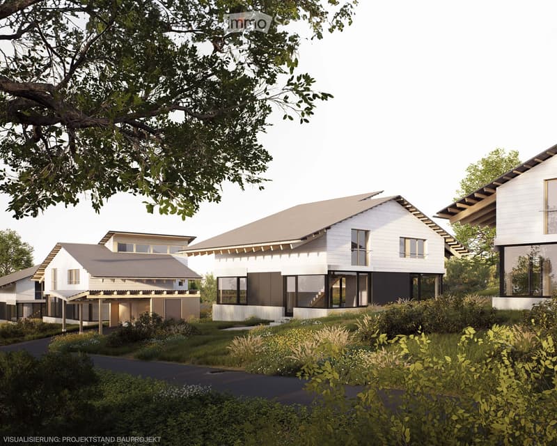 Modern design, white exterior, raised ground floor, large windows, multiple houses