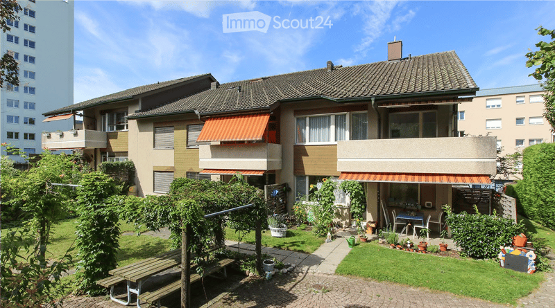2 story house, brown roof, red awnings, wooden bench, garden, plants, trees