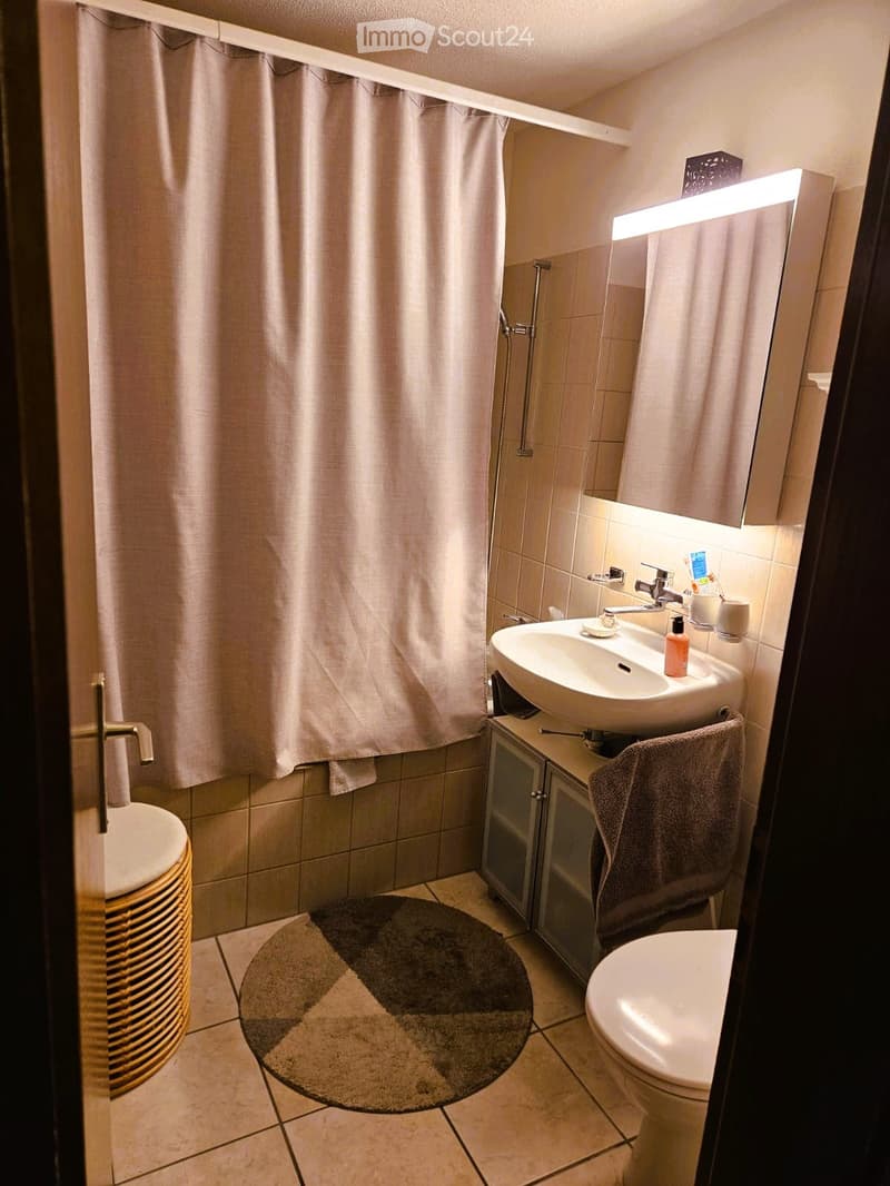 Bathroom with shower, sink, mirror, and toilet