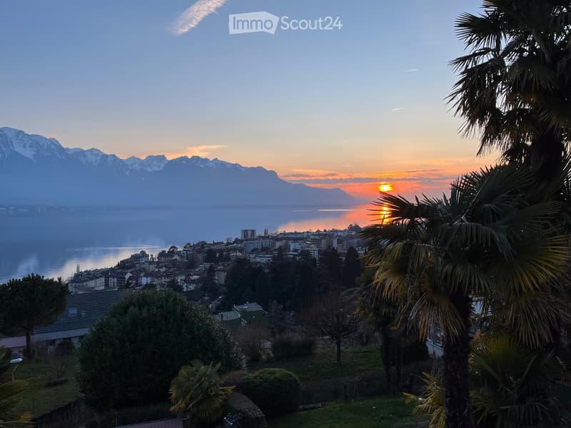 Sunset view over a lake, mountains, and a town with buildings and trees