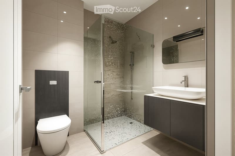 modern bathroom with glass shower, white toilet, white sink, mirror, tiled floor