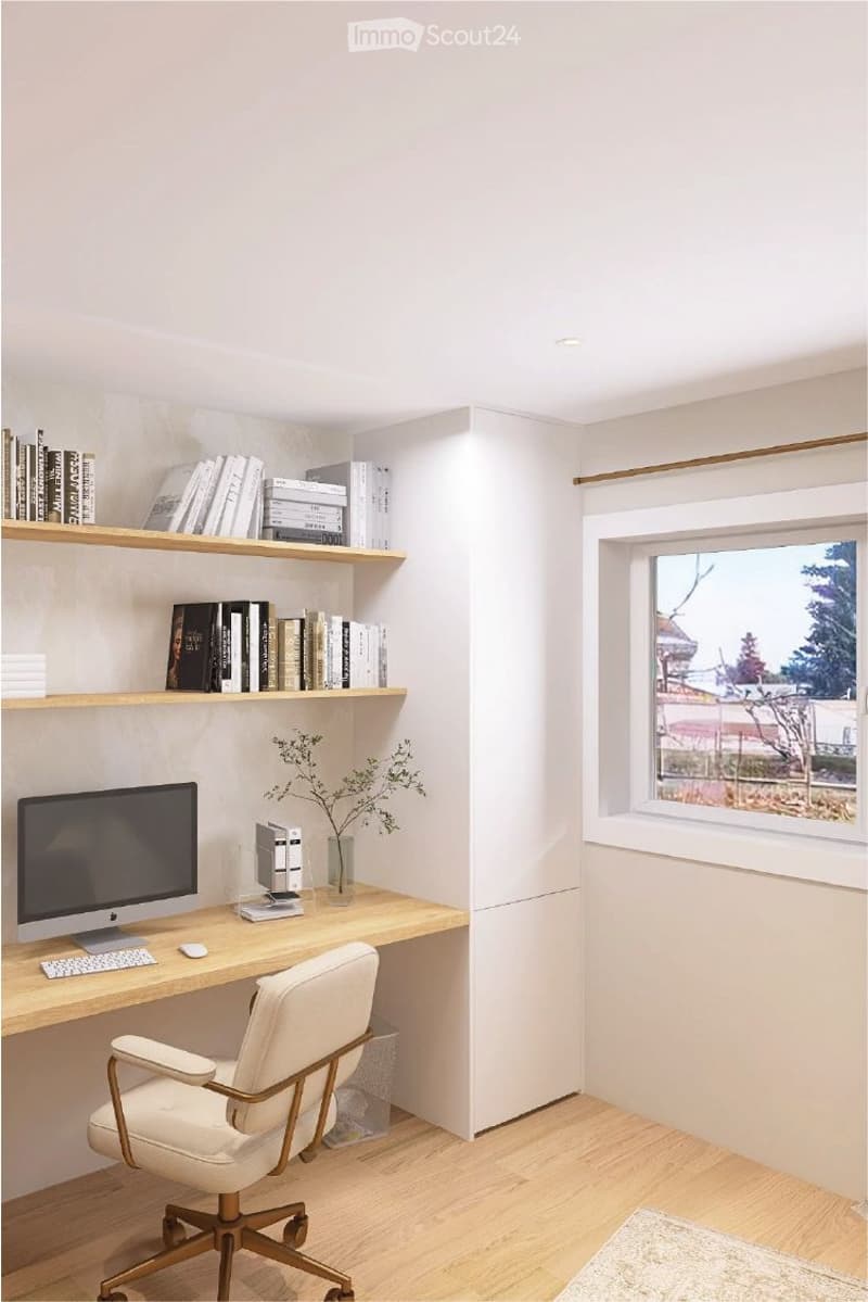 A desk with a computer monitor, keyboard, and mouse. A chair with armrests. Shelves with books and a vase with plants. A window with a view of the outside.