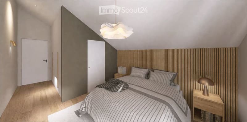 bedroom with wooden wall, bed, lamp, wooden nightstand, rug, wooden floor
