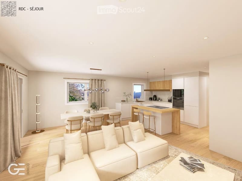 Open-plan living room and kitchen, modern design, wooden floors, white walls, large windows, dining table, kitchen island, modern appliances, chandelier, comfortable seating