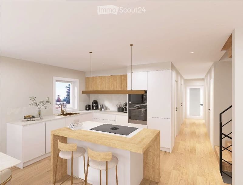 kitchen with island, modern appliances, wooden cabinets, white countertops, open layout