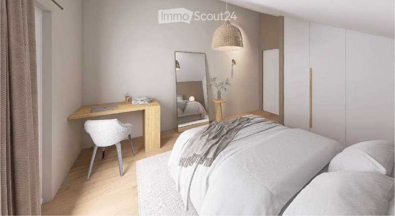 Bedroom with bed, desk, chair, mirror, and white walls and flooring
