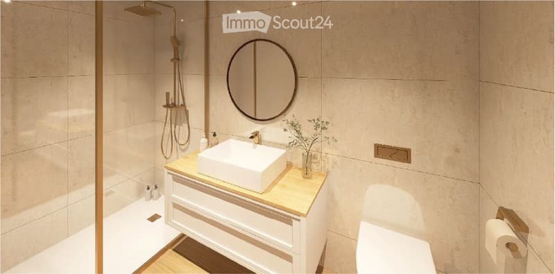 modern bathroom with shower, sink, toilet, mirror, and wooden countertop