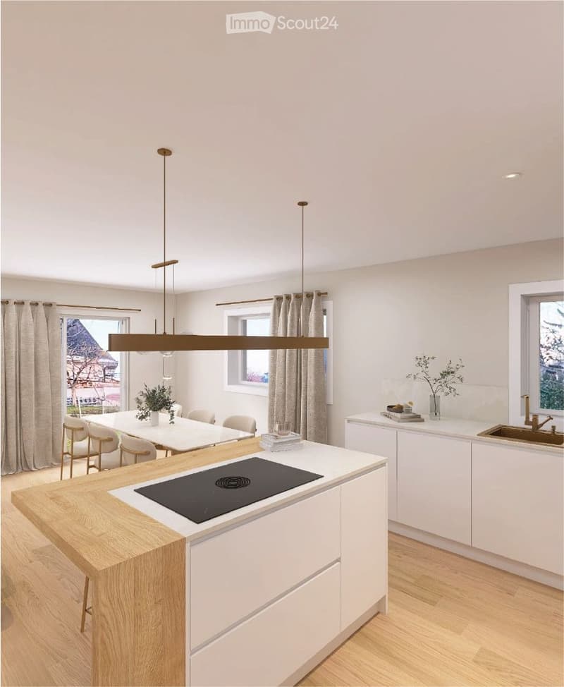Modern kitchen with island, white cabinets, wooden floors, large windows, dining area, chandeliers, induction stove, sink, faucet