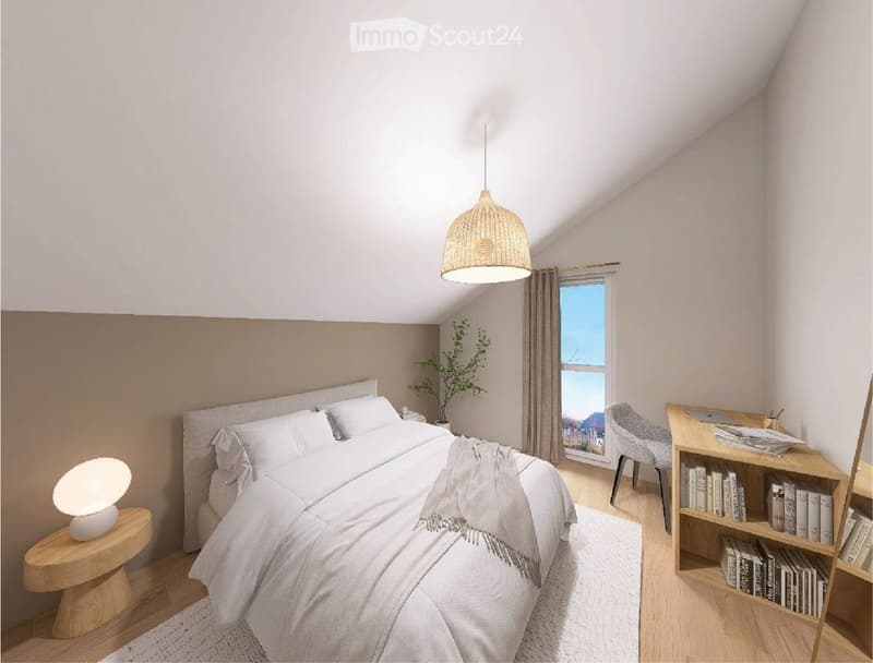 A bedroom with a bed, a desk, a chair, a lamp, a potted plant, and a window with a view