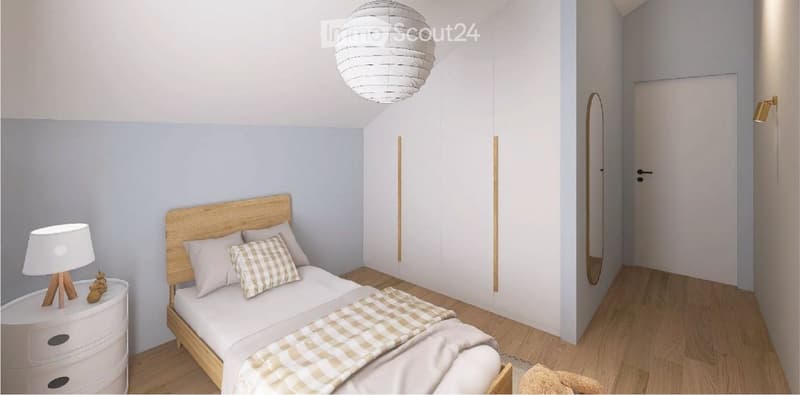 bedroom with bed, nightstand, lamp, wardrobe, mirror, wooden floor