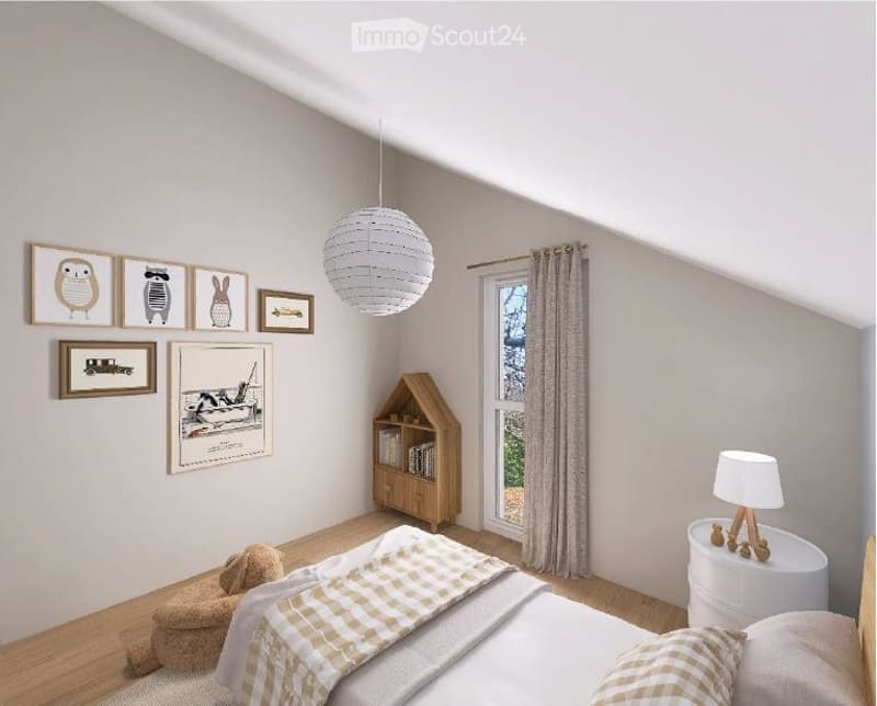bedroom with bed, wooden floor, white walls, wooden cabinet, window with curtains, picture frames, lamp, and decorative items