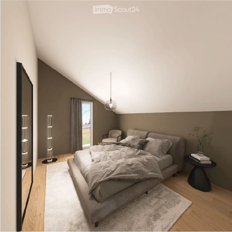 Bedroom with a bed, rug, mirror, lamp, side table, plant, and window with curtains