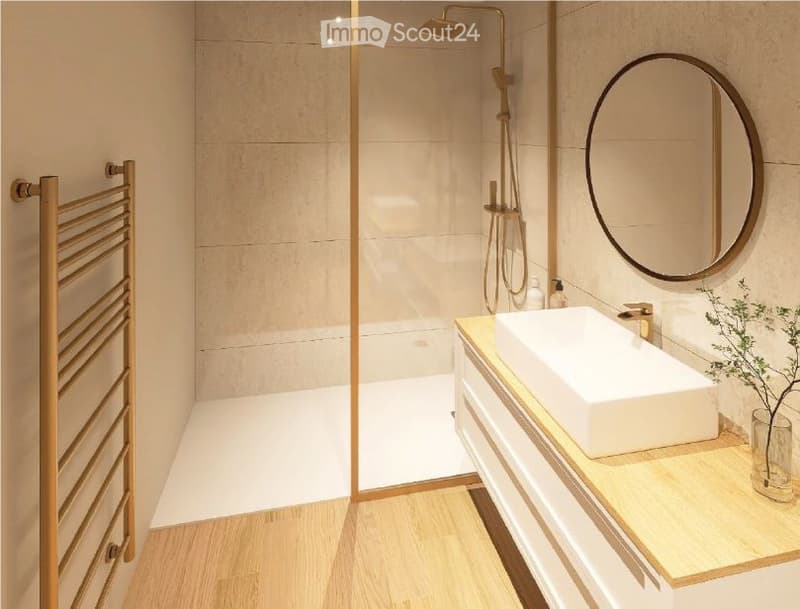 modern bathroom with walk-in shower, wooden floor, white tiles, white sink, round mirror, golden towel rack, plant