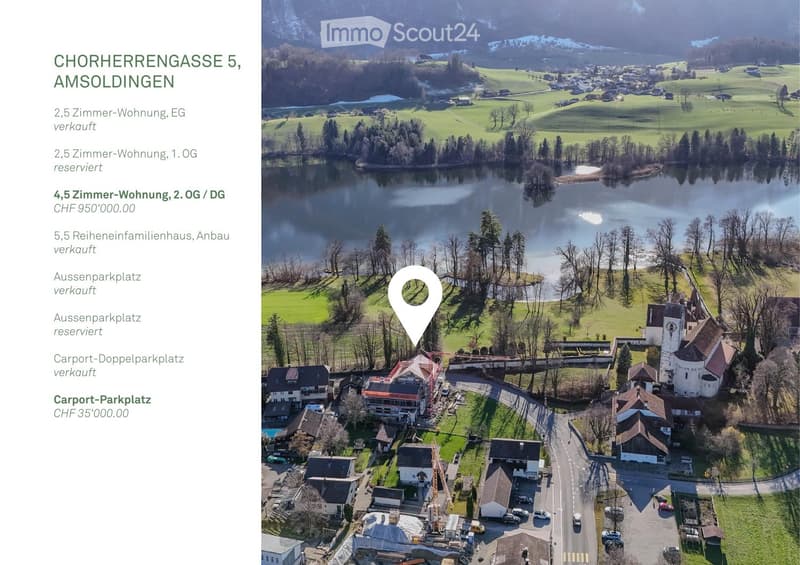 Aerial view of a village with houses, a lake, and a mountain in the background. The houses are surrounded by trees and grass. The lake is calm and has a reflection of the trees. The mountain is covered with snow. The houses are in different sizes and styl
