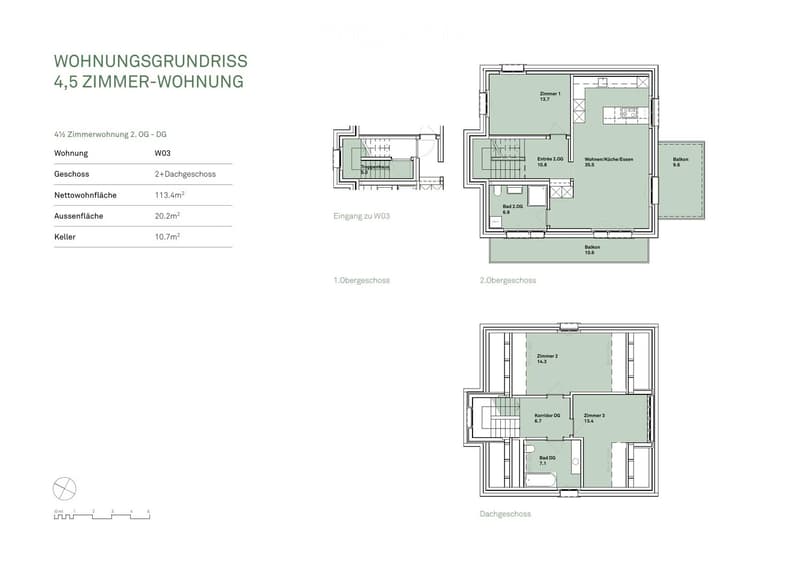 4 1/2 room apartment, 2nd floor, attic floor, living room, kitchen, dining room, 3 bedrooms, 2 bathrooms, balcony
