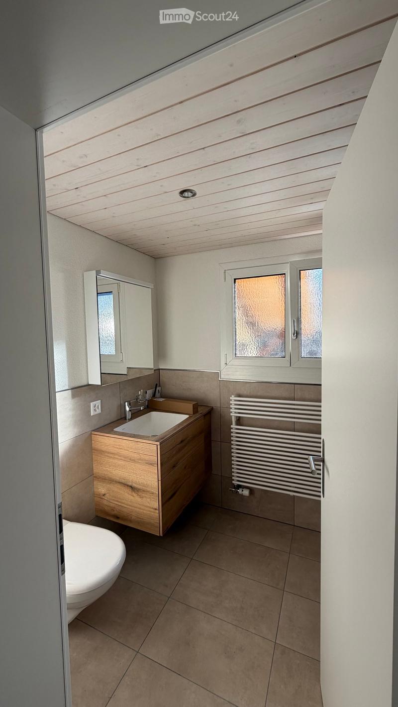Bathroom with wooden cabinet, white sink, white toilet, white radiator, tiled floor, wooden ceiling