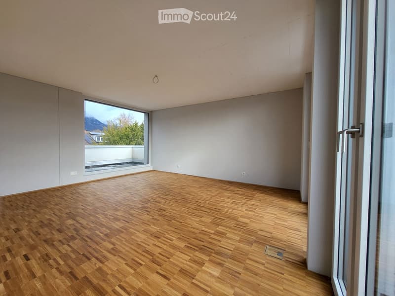 empty room, wooden floor, large window, balcony, white walls