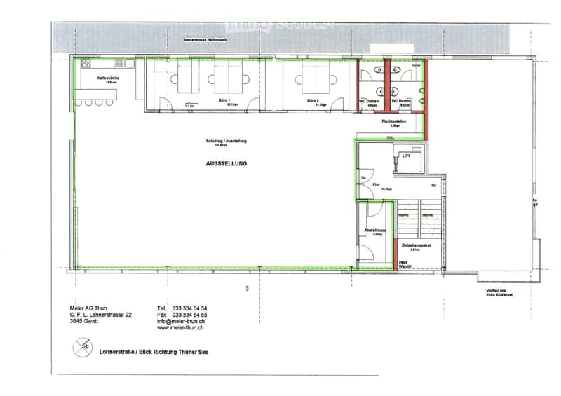 Floor plan of a commercial space with two offices, a kitchen, and a storage room.