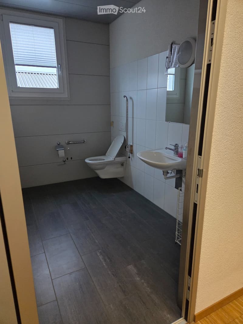 small bathroom with toilet, sink, mirror, and window
