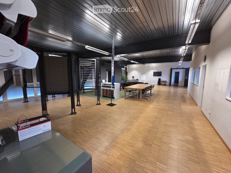 large room, wooden floor, metal ceiling, tables, chairs, shelves, monitor, plants, windows