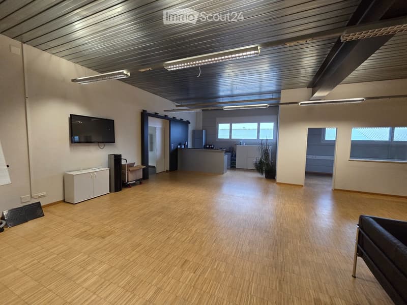 large open space, wooden floor, mounted TV, white walls, cabinets, kitchen area, windows
