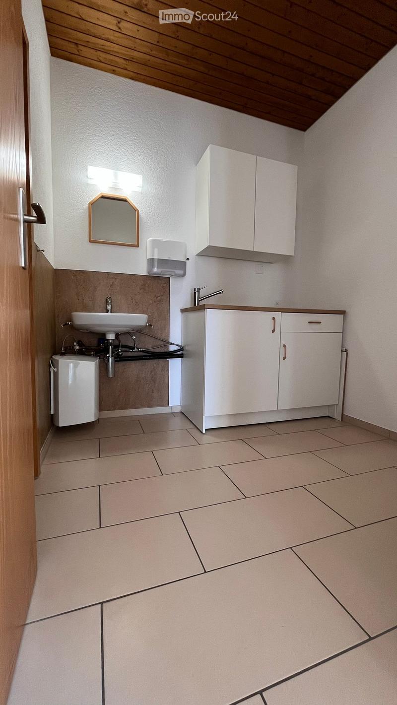 A small bathroom with a sink, mirror, and cabinets. The floor is tiled, and there is a tissue dispenser on the wall.