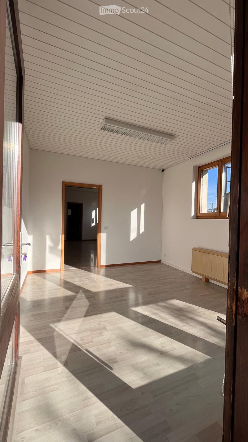 empty room, wooden floor, white walls, ceiling with lights, window, door