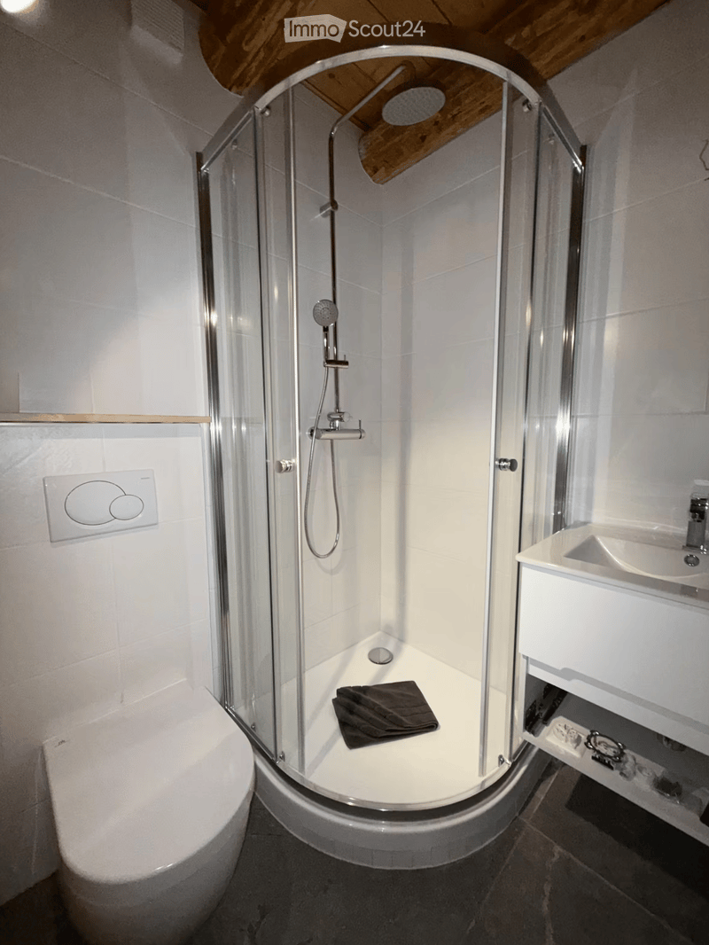 Modern bathroom with a glass shower enclosure, white toilet, white sink, and a wooden ceiling.