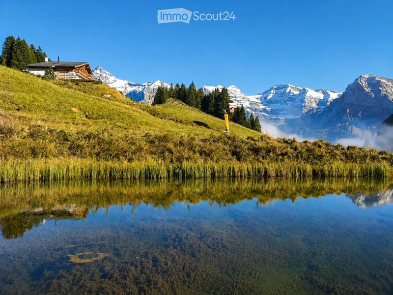 A serene mountain landscape with a small pond reflecting the surrounding peaks and a wooden house on a grassy slope.