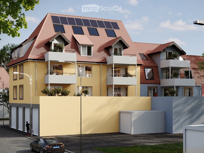 3 story apartment building, yellow exterior, red roof, solar panels, balconies, garage