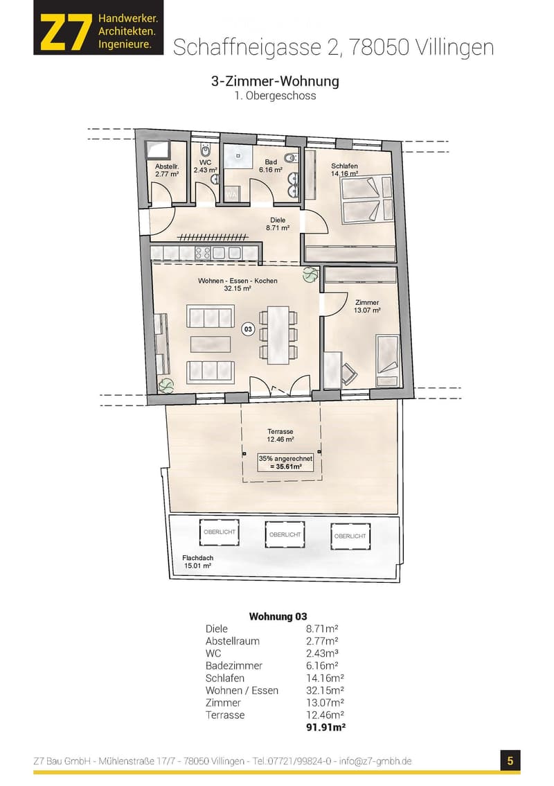 3-room apartment, 1st floor, living room, kitchen, 2 bedrooms, bathroom, WC, terrace