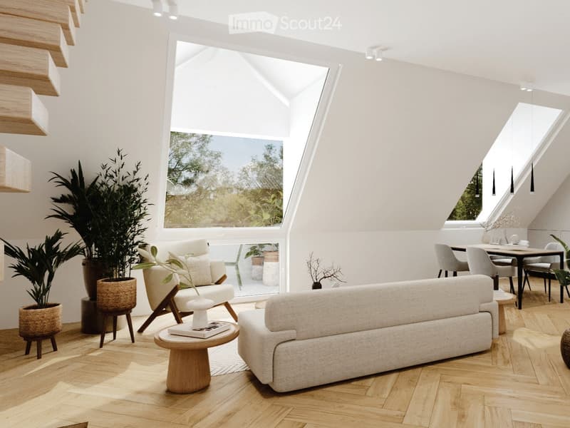modern living room with white walls, wooden floor, large windows, sofa, armchair, coffee table, dining table, chairs, plants