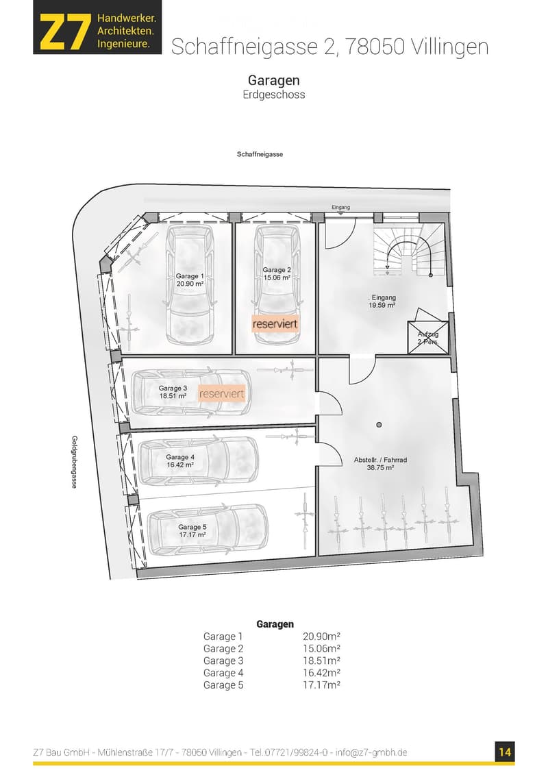 Garage floor plan with 5 garages, entrance, and storage area