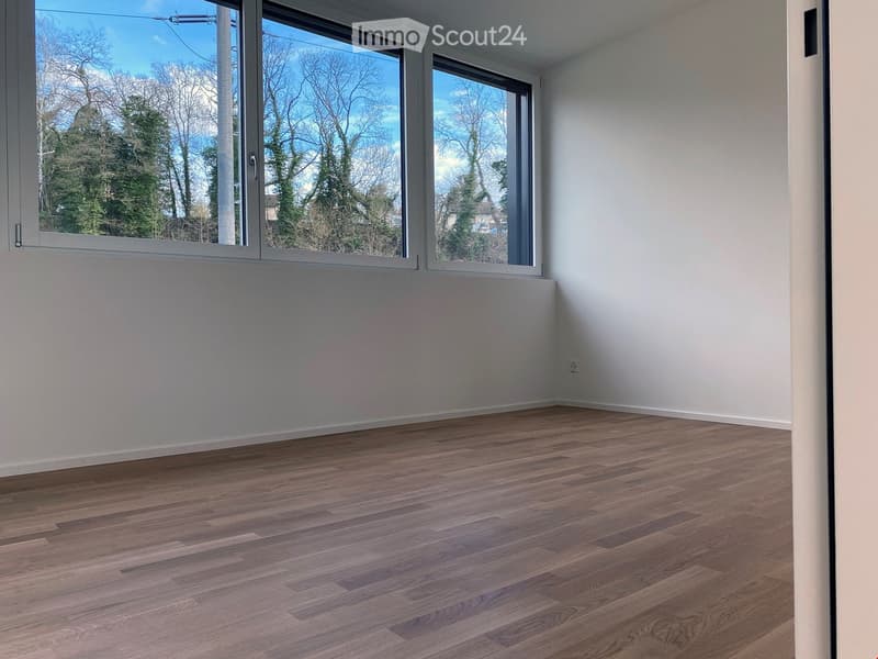 Empty room, hardwood floor, white walls, large windows, trees outside, power outlet